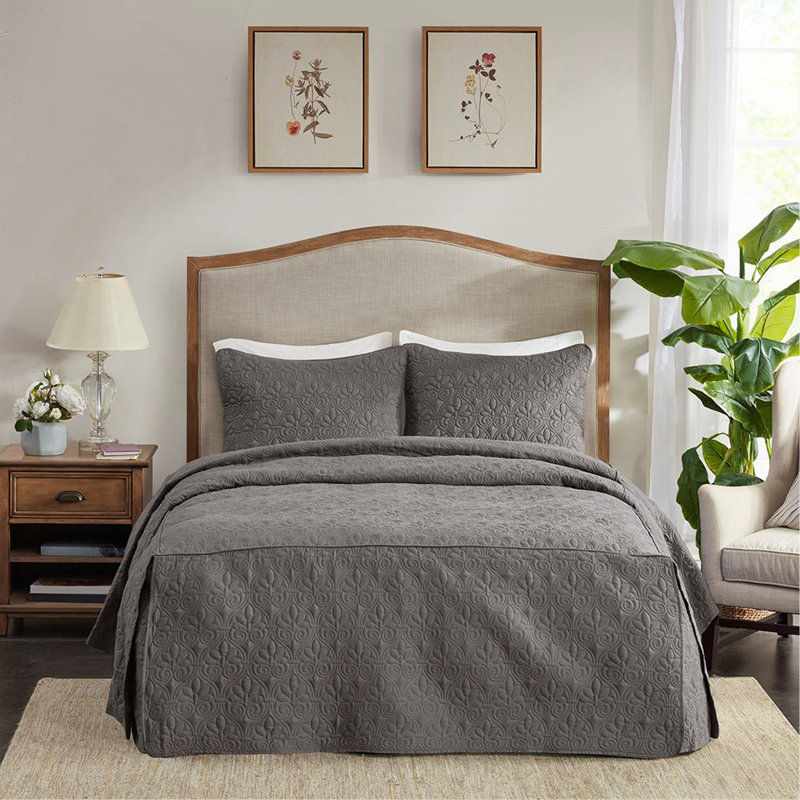 Couvre-lit plissé 3 pièces, Gris foncé, Couvre-lit pour grand lit + 2 taies décoratives