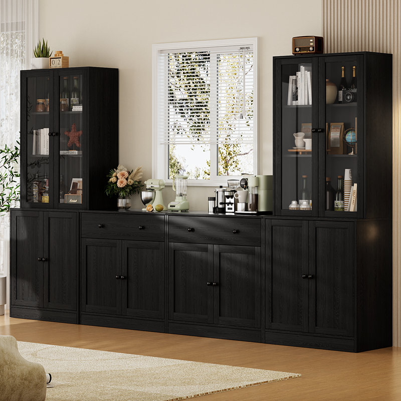  Armoire de cuisine modulaire de 110,3 po de largeur avec bibliothèques, portes et tiroirs à fermeture en douceur, grand système de rangement pour buffet, noir