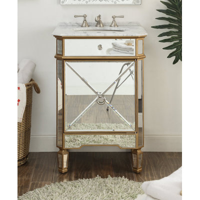 Benton Collection 24 Inch Traditional Freestanding Mirrored Gold Asger Bathroom Vanity, Single Sink, Carrara Marble Top, Fully Assembled