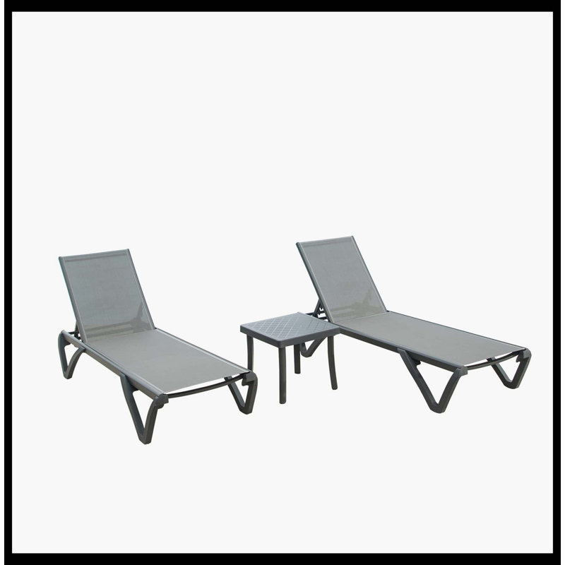 Patio Chaise Lounge Chair Set Of 3, Outdoor Aluminum Polypropylene Sunbathing Chairs With 5 Adjustable Positions & Side Table For Beach, Yard, Balcony, Poolside (Grey, 2 Lounge Chairs + 1 Table)