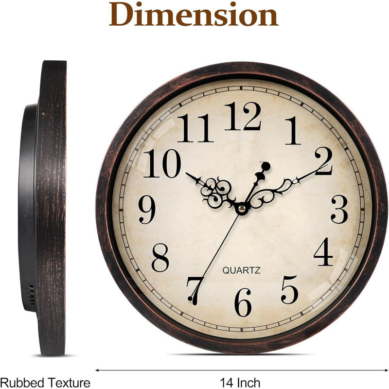 Horloge murale rétro, horloge murale silencieuse à quartz 14 po, rétro et silencieuse pour cuisine, bureau, salle de classe, chambre à coucher, salon