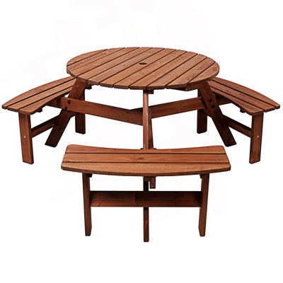 Picnic Table With 3 Built-In Benches, Picnic Table With Umbrella Hole, Camping Dining Table