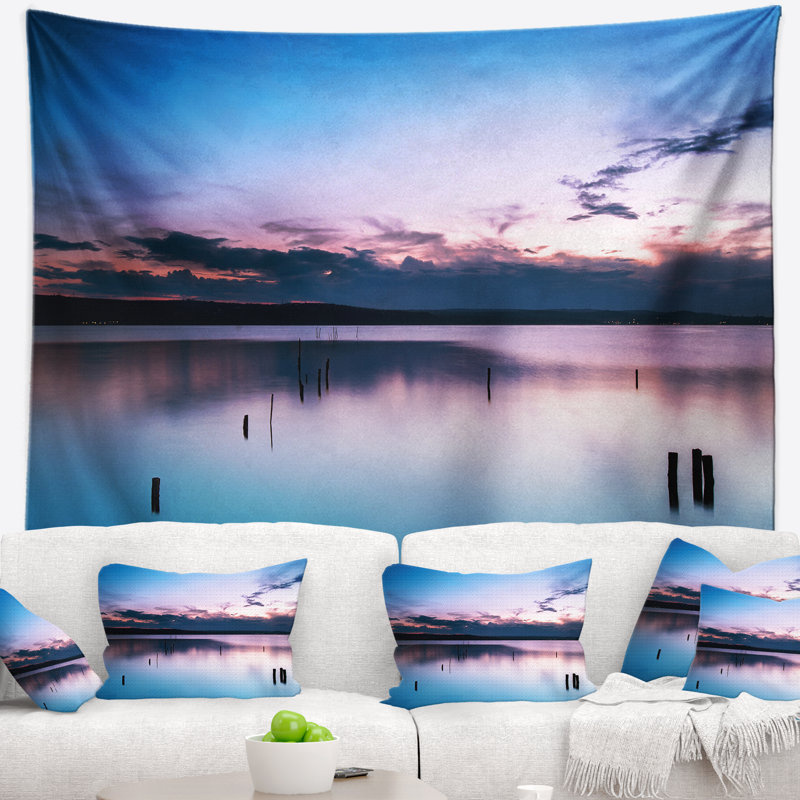 Tapisserie avec accessoires suspendus en tissu de mer de coucher de soleil sur lake, H 68 po x l 80 po