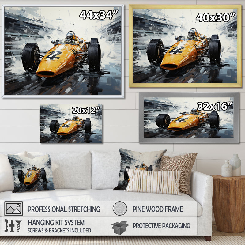 Art sur toile jaune et noir, Grand Prix Racing I, Cadre flottant doré, H 24 po x l 32 po x P 1 po
