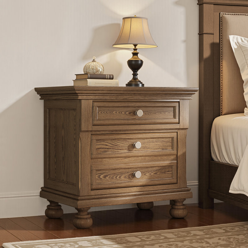 26'' W Classic Solid Wood 2-Drawer Nightstand with Roman Column Legs,Minimal Assembly Needed,Light Brown