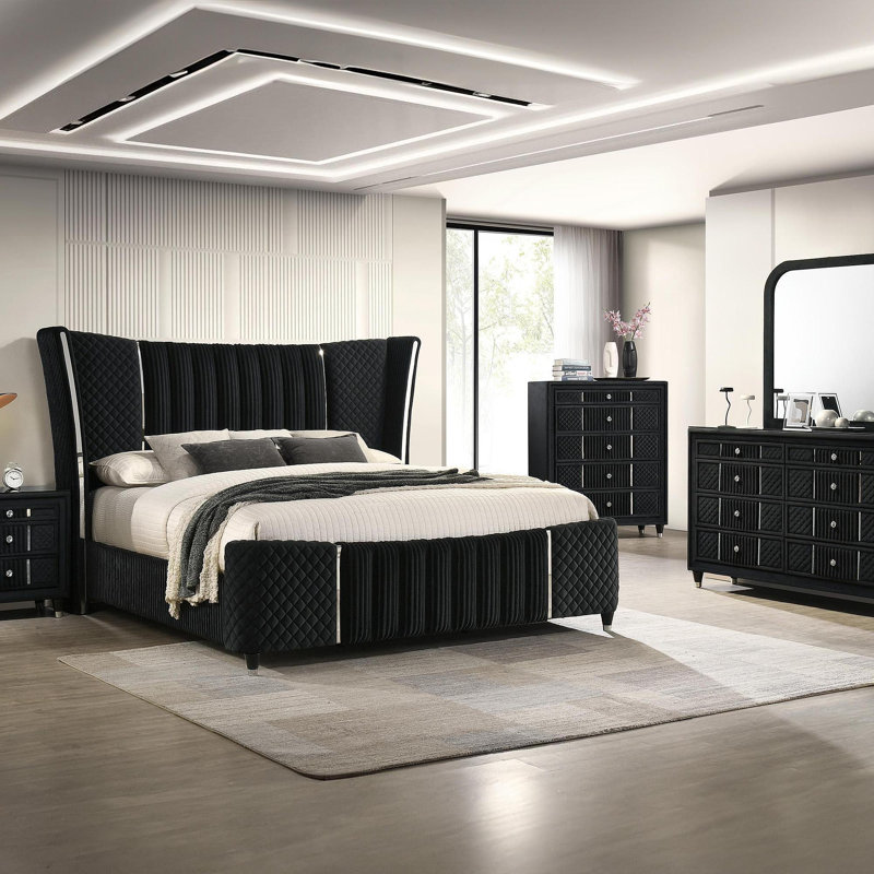 Table de chevet contemporaine en velours noir avec revêtement texturé luxueux