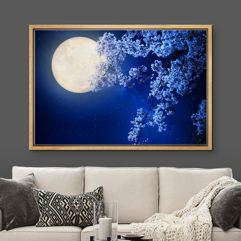 Pleine lune brillante et fleurs en fleurs sur des branches - cadre flottant, impression sur toile, Cadre naturel