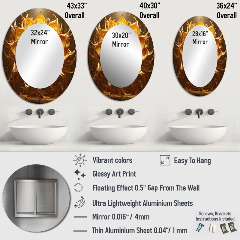 Abstract Golden Sunflower Glam Blooming III - Gold Oval Wall Mirror Decor, 36" x 24"