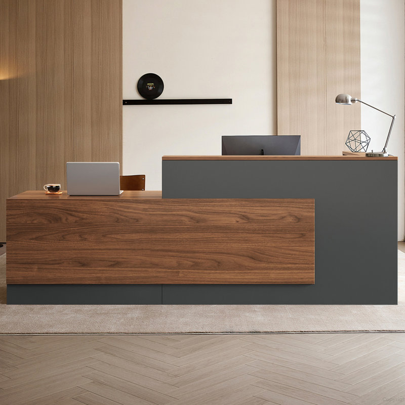 Bureau de réception en L avec comptoir, comptoir avant moderne avec armoire de rangement, tablettes ouvertes, tiroir verrouillable et plateau à clavier pour le bureau, le hall d'entrée et la caisse