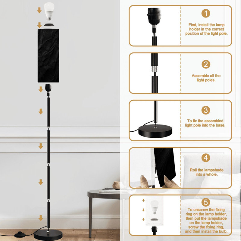 Lampe sur pied en pierre noire à motifs superposés à gradation moderne avec télécommande et pédale abat-jour abat-jour grand poteau d'angle pour le salon, la chambre et le bureau