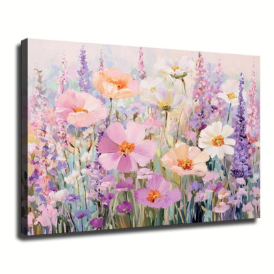 "Soft Pastel Wildflower Meadow Impasto", peinture à l'huile sur toile, grande galerie tendue sur toile pour le salon, la chambre à coucher