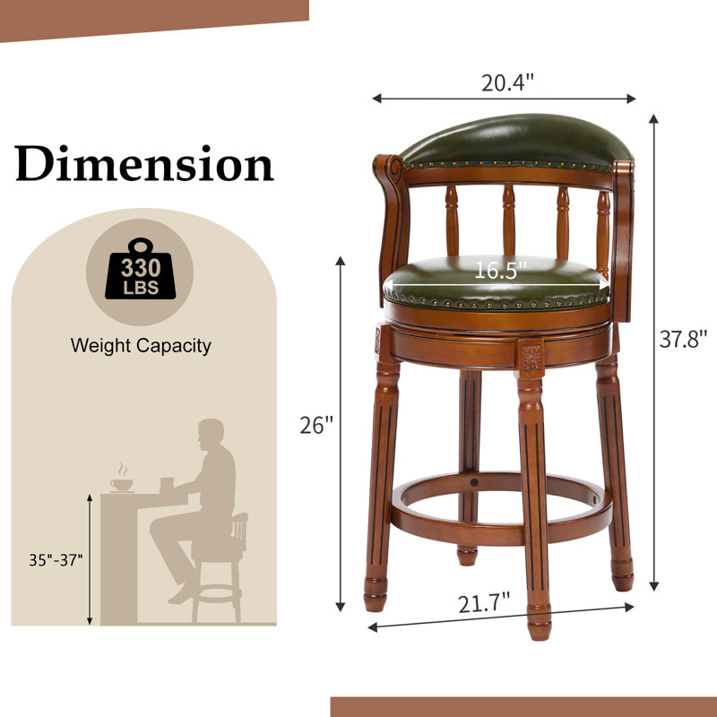Genuine Leather Bar Stool with Solid Wood Frame - Swivel, Mid-Back Ventilated Design & Footrest