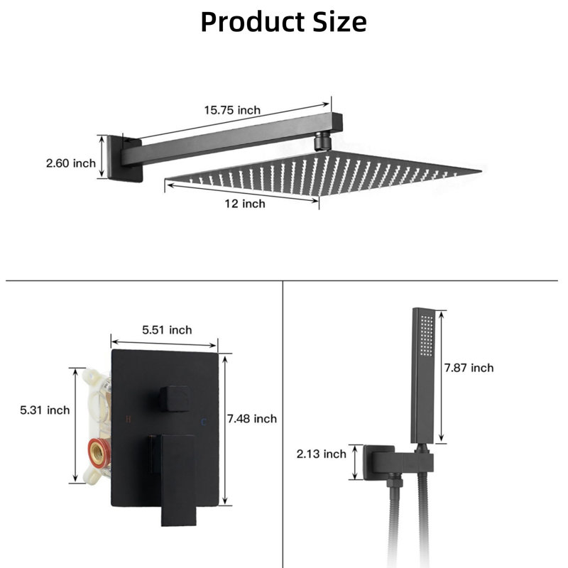Black Luxury Single-Handle Double-Head 10-Inch Wall-Mounted Square Shower Head With Handheld Showerhead, Black