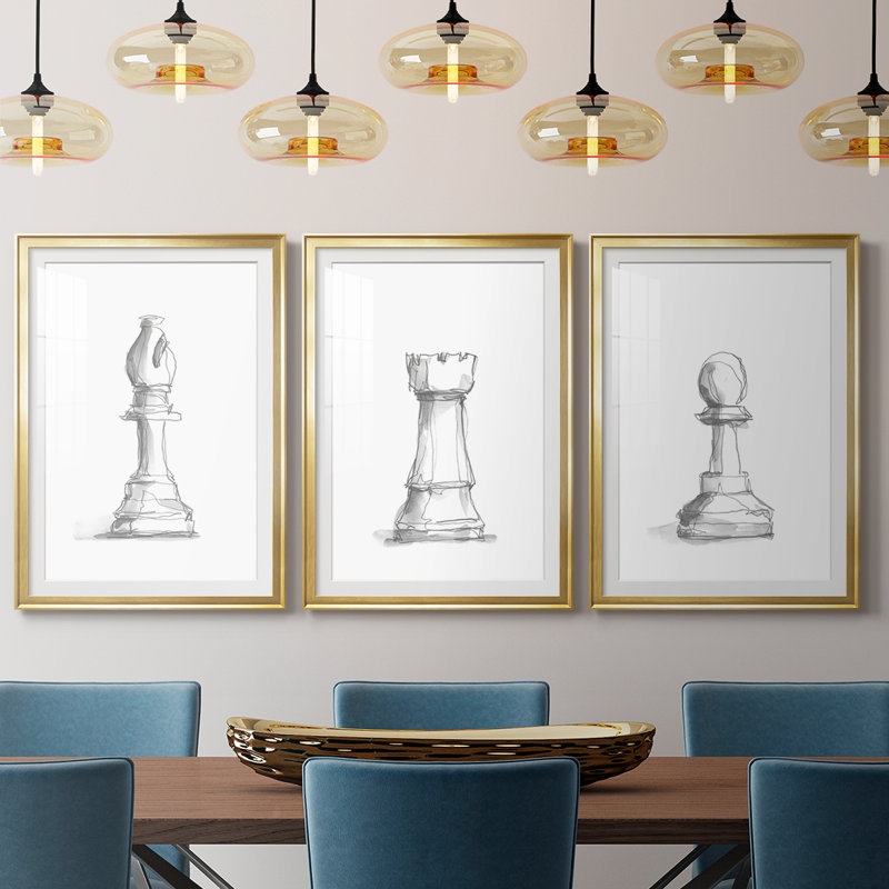 Étude d'échecs IV - Impression encadrée sur mesure de qualité supérieure - 3 pièces, H 21 po x l 30 po, Doré