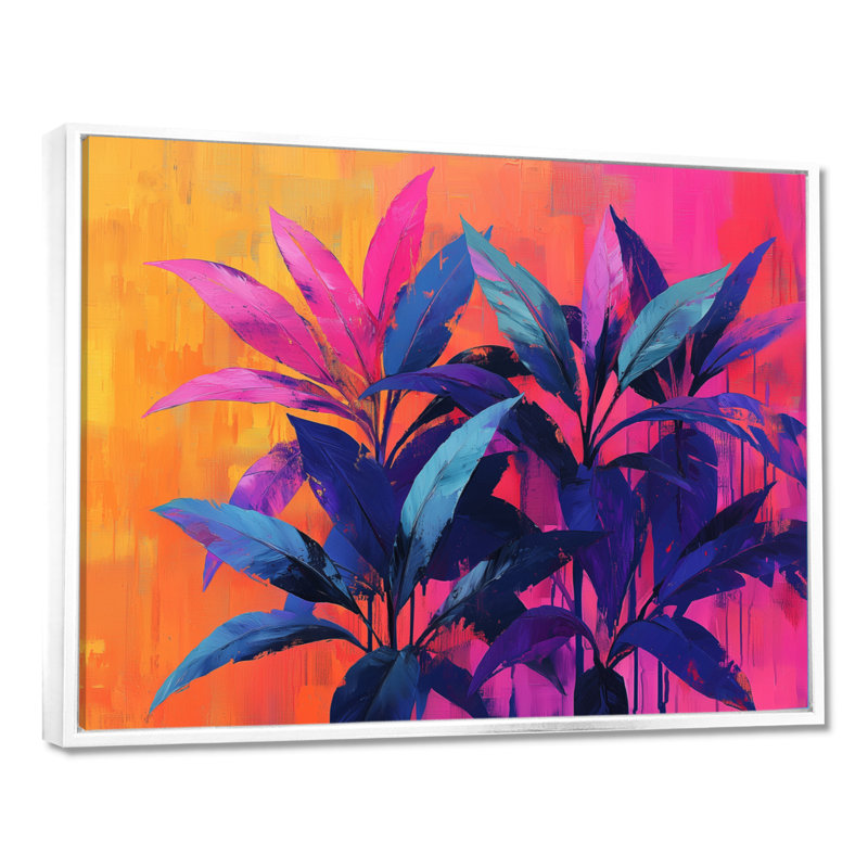 Décoration murale électrique Jungle électrique en couleurs néon Pop Art II - Plantes, 24" H x 32" W, Cadre flottant blanc