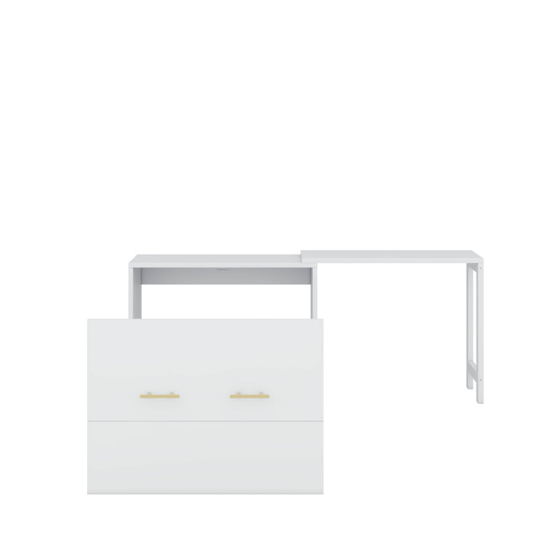 Lit simple escamotable avec commode à hauteur réglable, commode escamotable avec coussin pliable, Blanc