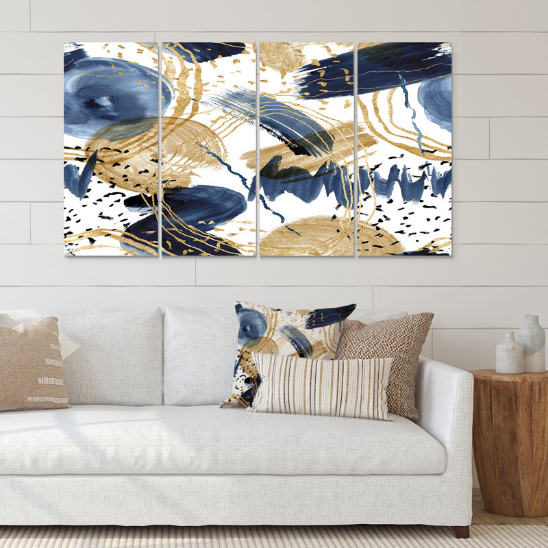 Motif abstrait avec textures bleu foncé et or - ensemble de 4 reproductions d'art sur toiles tendues