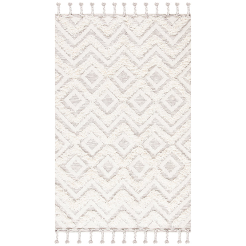Ivory Geometric Hand-Knotted Wool Area Rug with Tassels