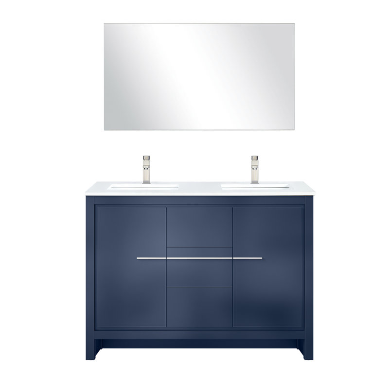 Meuble-lavabo double l 48 po x P 20 po bleu marine, comptoir en quartz blanc, robinet en nickel brossé et miroir de 43 po aux taches et aux rayures