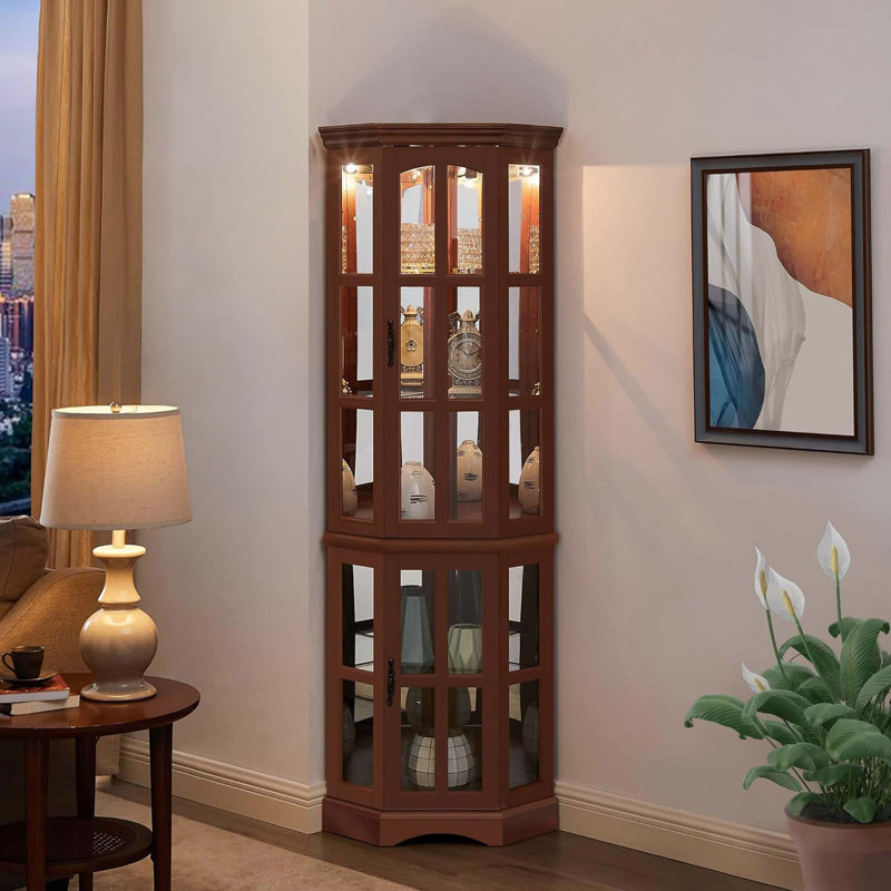 Vitrine d'angle avec 5 tablettes et système d'éclairage Base solide, confortable, durable et magnifique, Noyer