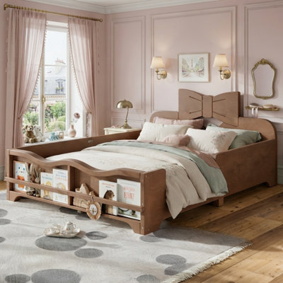 Lit de sol Montessori pour enfants avec garde-corps à contour complet, lit princesse en bois massif avec tête de lit Bowknot 3D