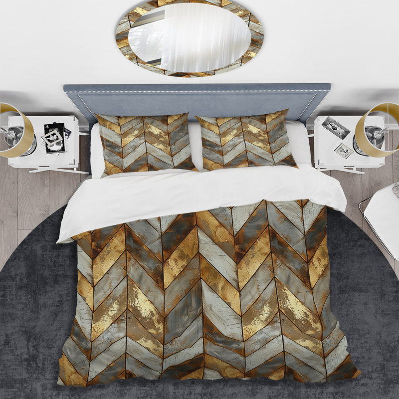 Ensemble de housse de couette à chevron métallique beige et doré Glam I - Glam