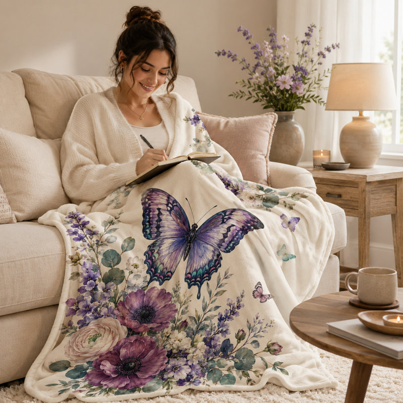 Jeté floral mauve papillon, L 50 po x l 40 po