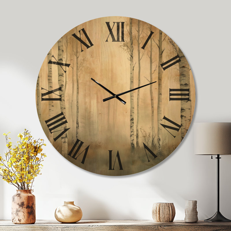Bouleaux dorés brumeux - Horloge murale décorative traditionnelle, imprimée sur bois, Extra Large