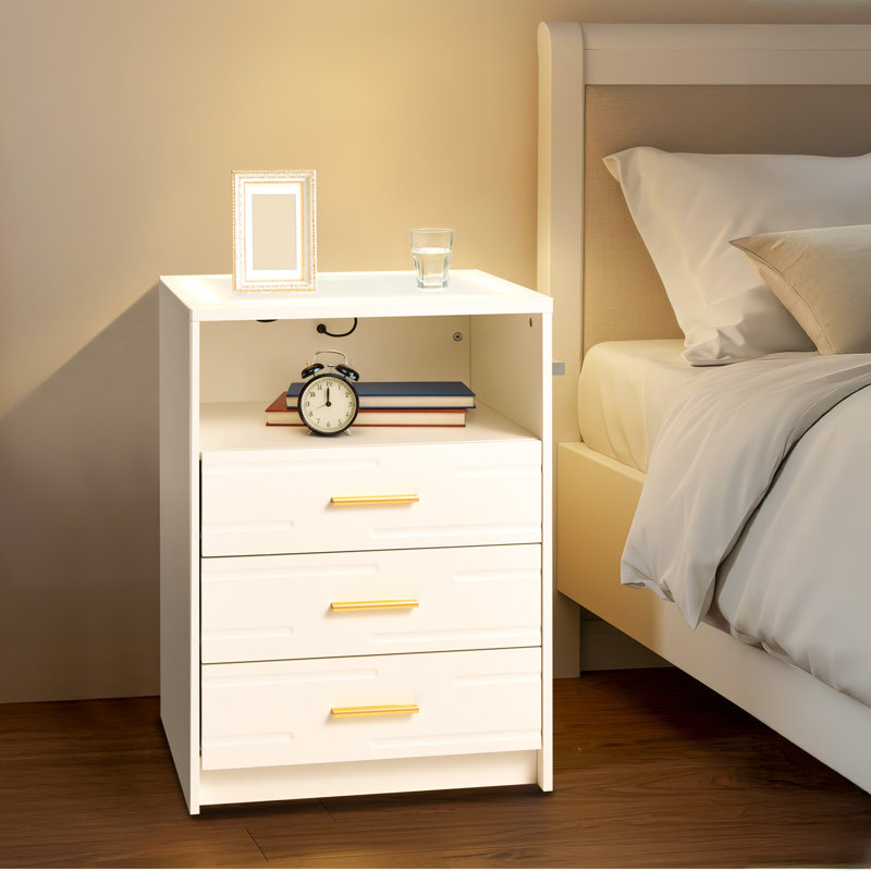LED Nightstand with Wireless Charging, Touch Screen Glass Top, Adjustable Lights, and 3 Drawers - Smart Bedside Table for Bedroom, White