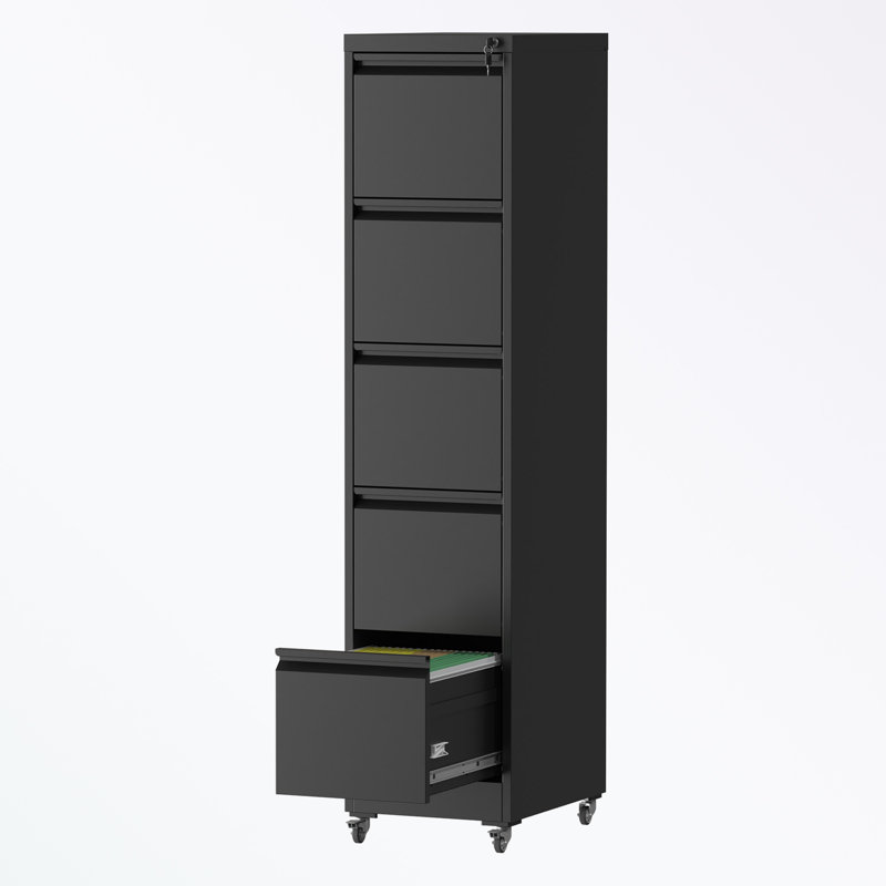 metal frame File Cabinet with 5 Drawers and wheels, Black