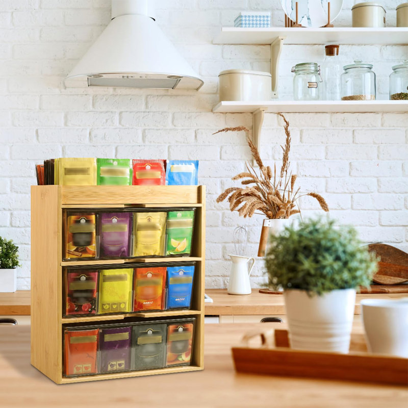 Organisateur de sachets de thé - Rangement de thé en bambou avec tiroir 3 couches, organisateur pour sachets de thé Bois naturel et acrylique pour armoire de cuisine de comptoir