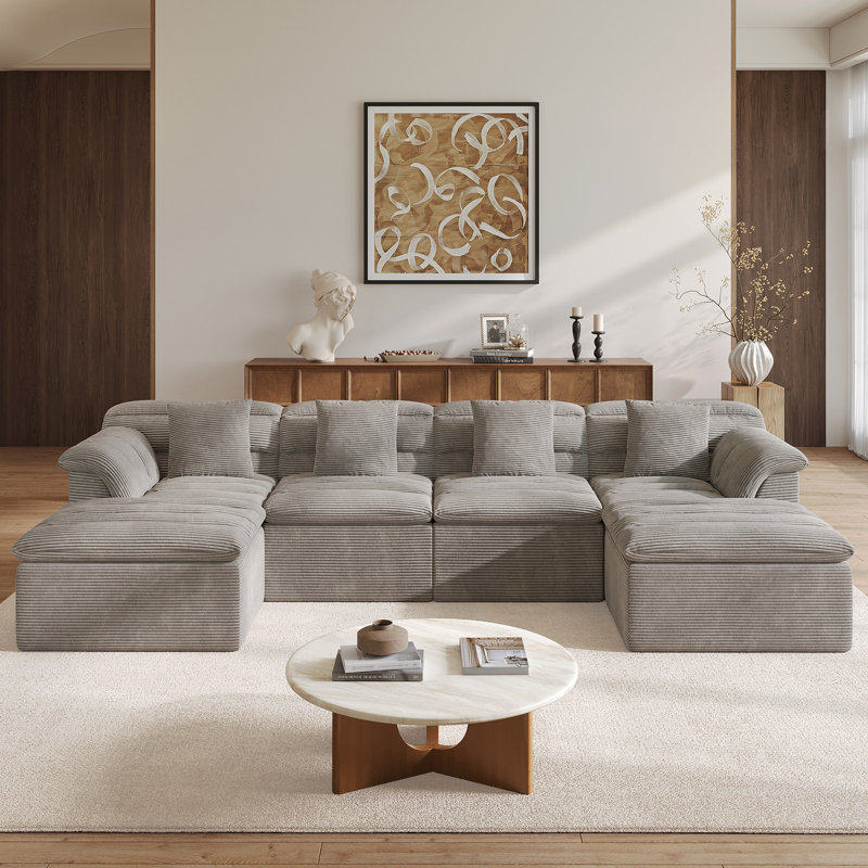 142" Modular Cloud Sofa with Deep Seat, U-Shaped Corduroy Couch, No Assembly Required, Light Gray Corduroy