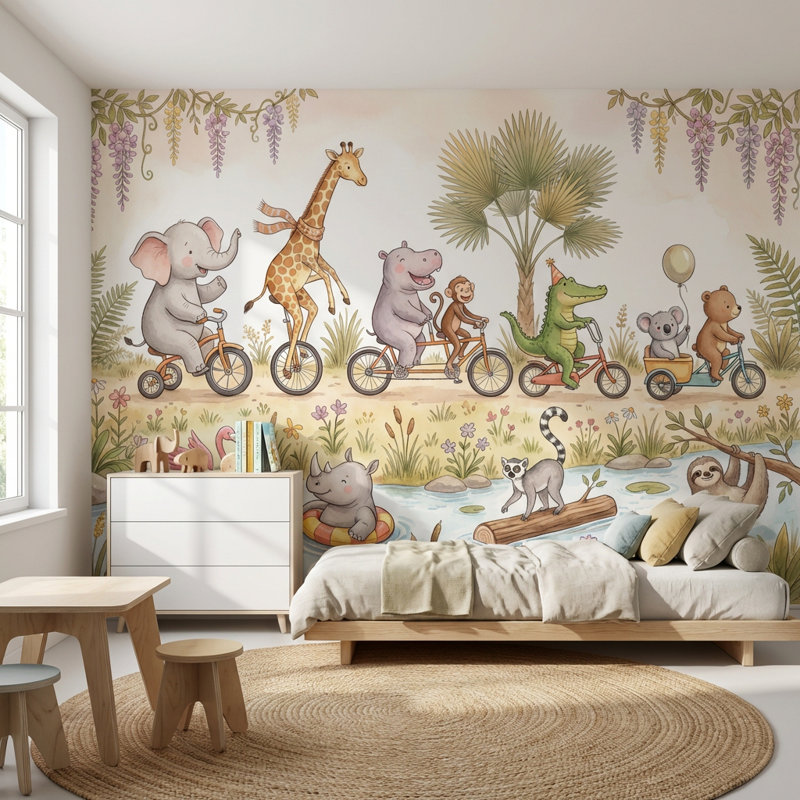 Papier peint nature fantaisiste Playful Animals, 160 po x 108 po, Peler et coller