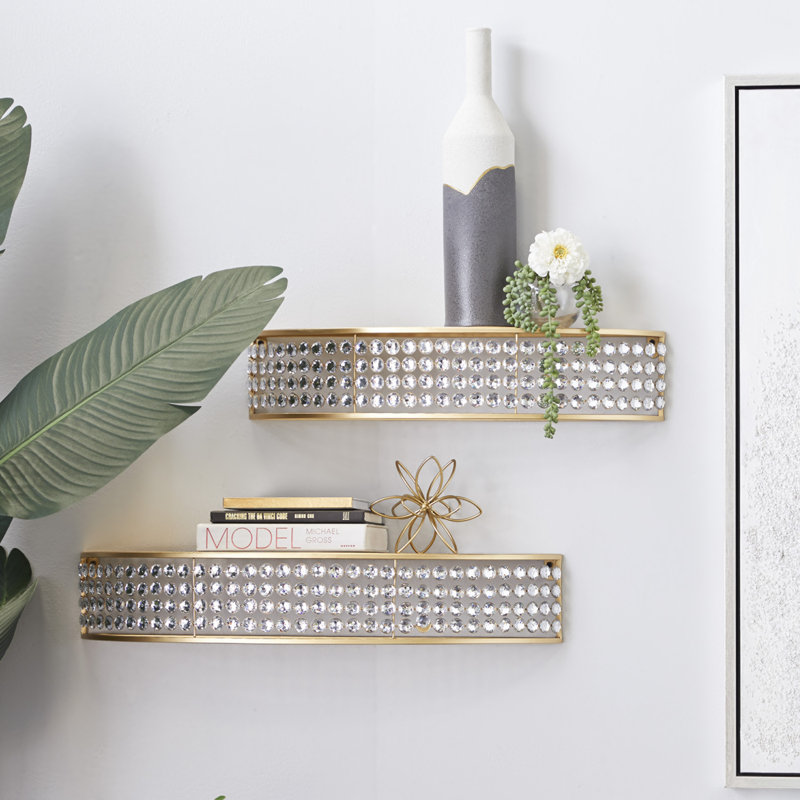 Gold Metal Half-Moon Room Wall Shelf with Crystal Embellishments, Set of 2 