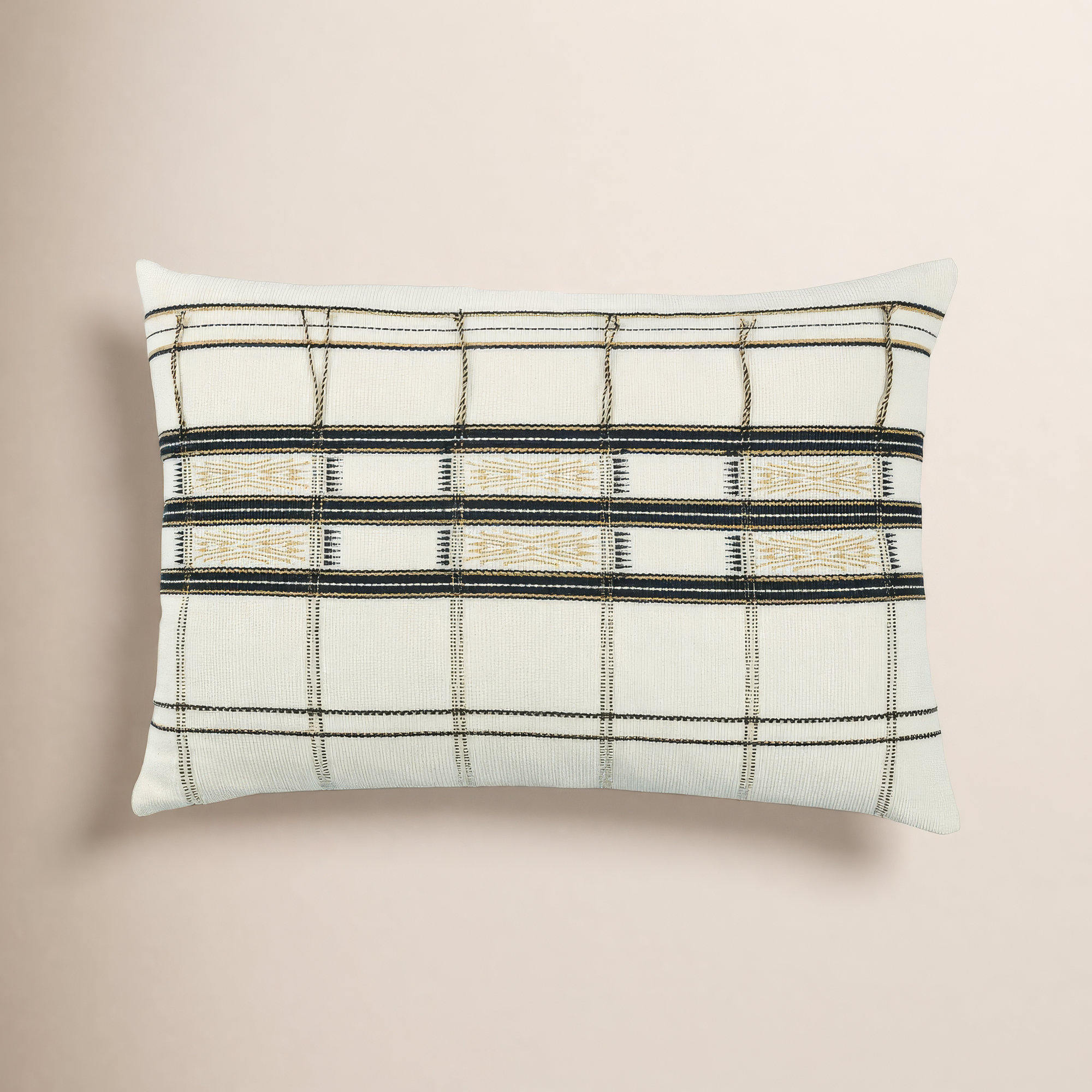 Taren Embroidered Cotton Lumbar Pillow Cover, Plaid, 100% Down Alternative