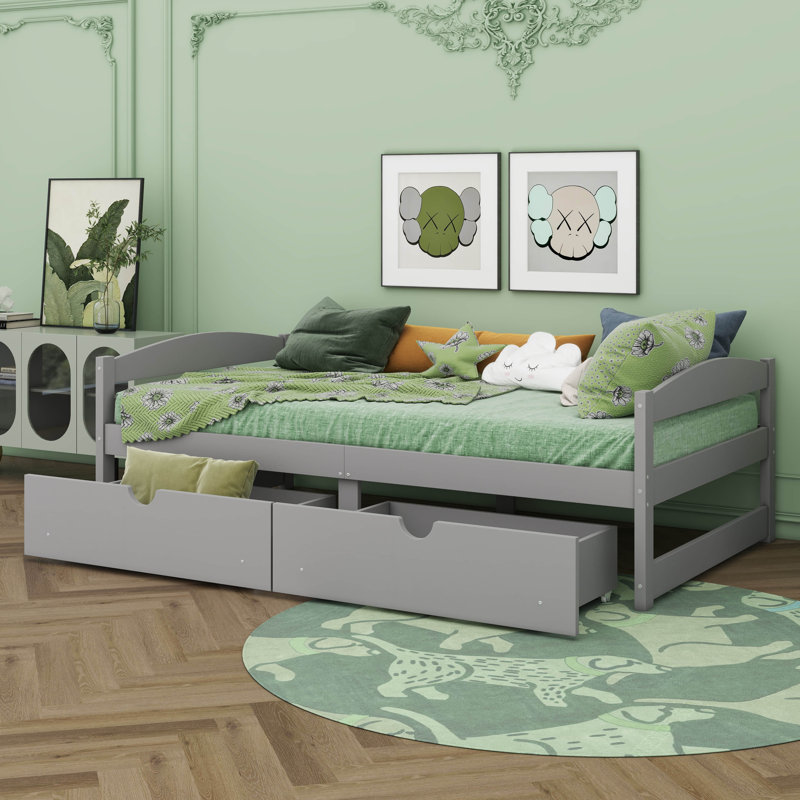 Twin-Sized Platform Bed Equipped With Two Storage Drawers, Gray