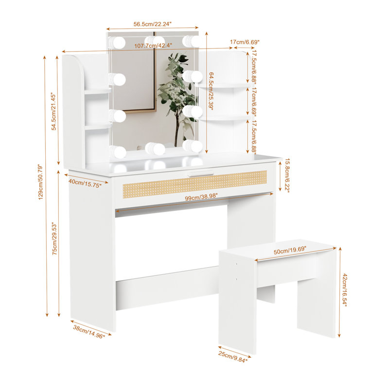 Ensemble de coiffeuse avec tabouret et tiroirs, Blanc brillant