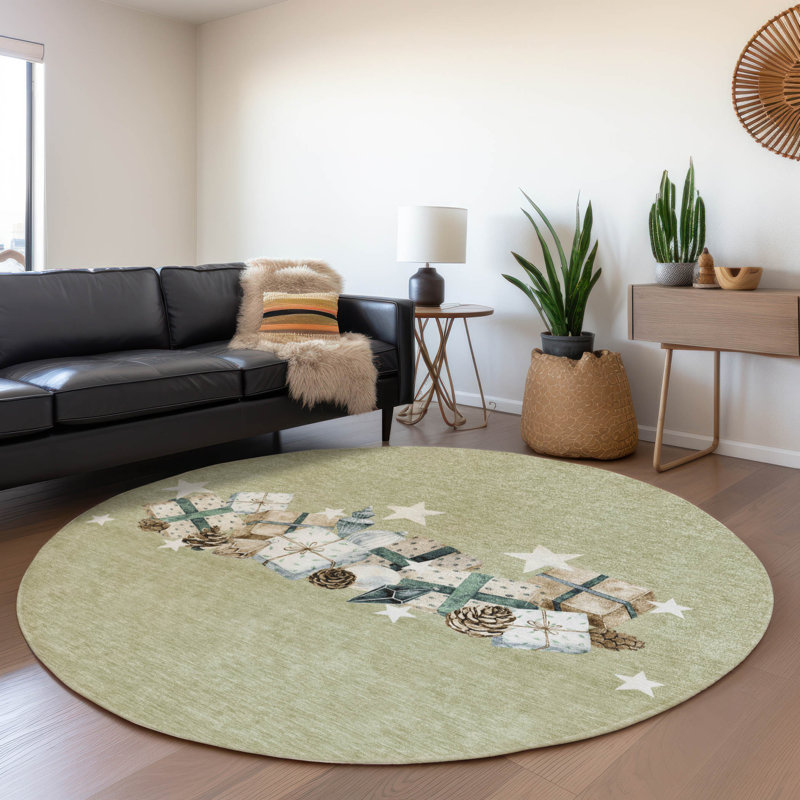 Machine Washable Indoor/Outdoor Christmas Presents Xhevrie Aloe Rug, Round 8'