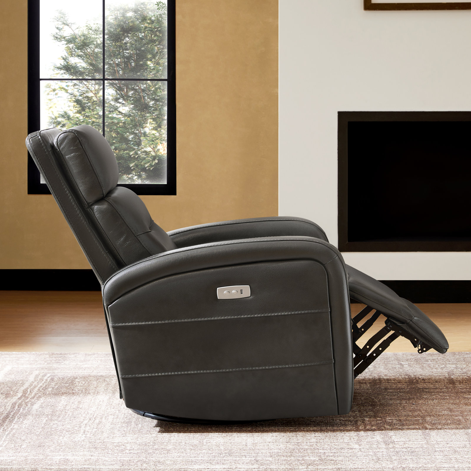 Wyat 33" Genuine Leather Swivel Power Recliner, Impression Dark Grey Top Grain Leather