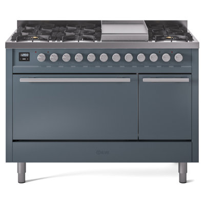 ILVE Professional Plus II Series 48 in. Dual Fuel Range with 8 Sealed Burners, Griddle (Natural Gas, Solid Door)