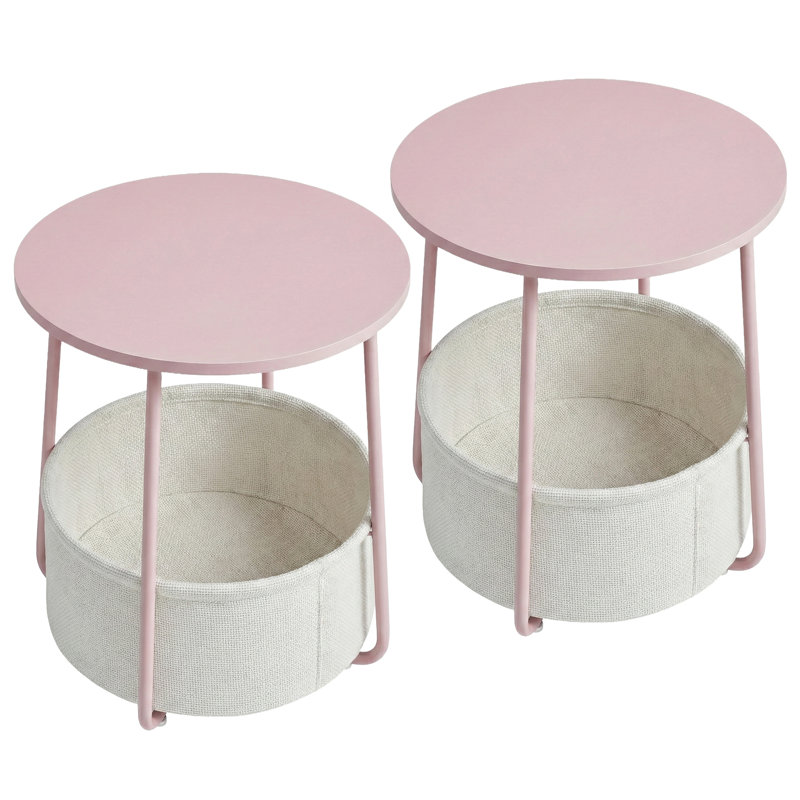 Ensemble de 2 tables d'appoint rondes, table de chevet avec panier en tissu, pour chambre, salon, style moderne, Rose