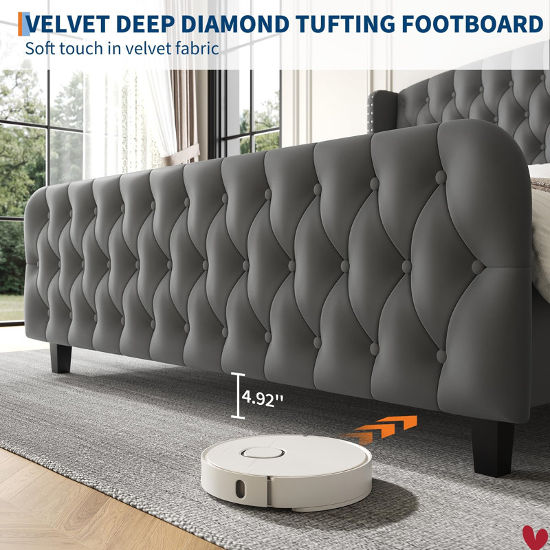 Haut cadre de lit tête de lit à oreilles - plateforme tapissée, touffetage doux, lattes de bois robustes, silencieux, pas de sommier tapissier nécessaire