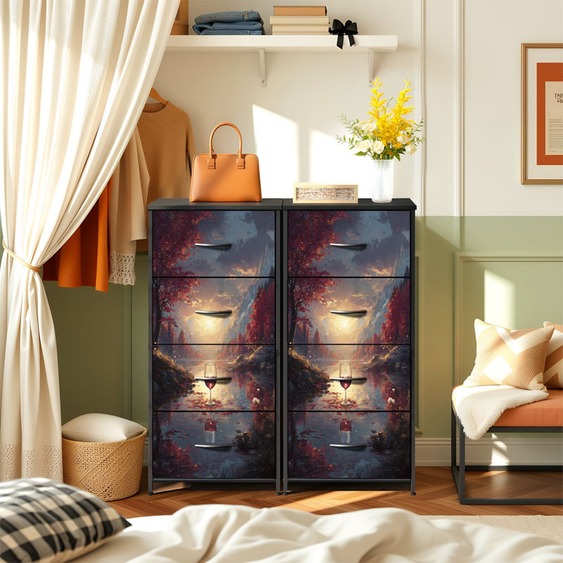 Commode pour chambre de rêve avec 4 tiroirs de rangement Imaginative Autumn Landscape Glowing Wine Glass Commodes Lakey Glassy Commode