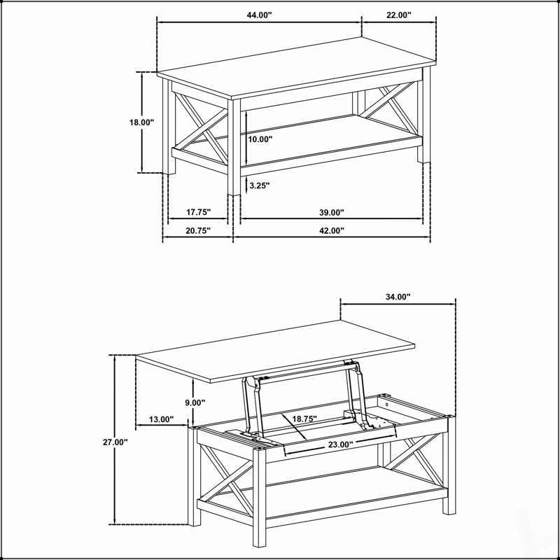 Table basse à plateau relevable de 44 pouces avec côtés en X et finition peinte en blanc pour une esthétique de maison de campagne moderne