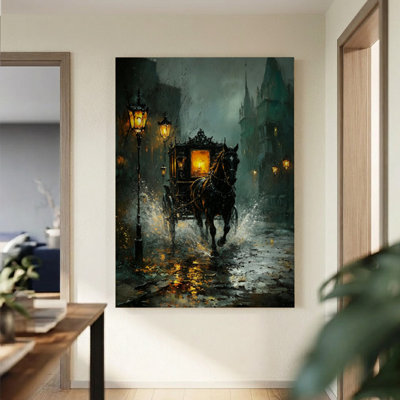 Carriage in the Rain Victorian Oil Canvas Wall Art, 24" x 36" Gallery Wrapped Canvas Print, Gray & Gold Cityscape Wall Decor for Living Room, Office & Library