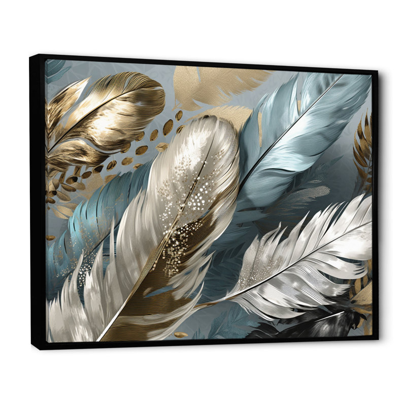 Zacharie, plumes dorées dorées IV sur toile, H 12 po x l 20 po x P 1 po, Cadre flottant noir
