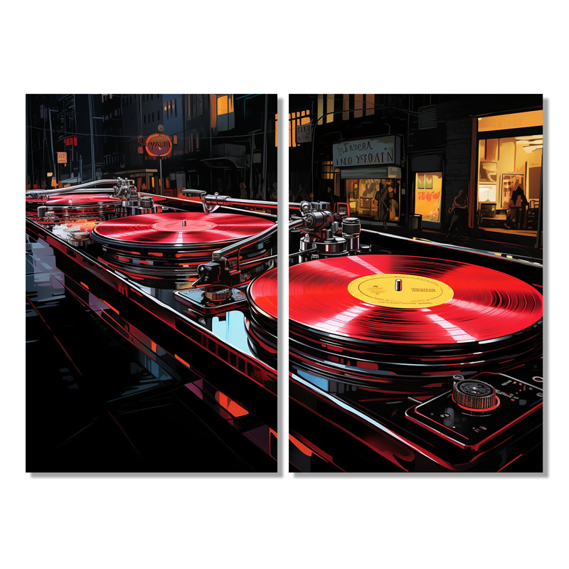 Platines vinyle mauves et noires - art mural moderne sur toile, H 36 po x l 48 po, Toile tendue, Ne s’applique pas