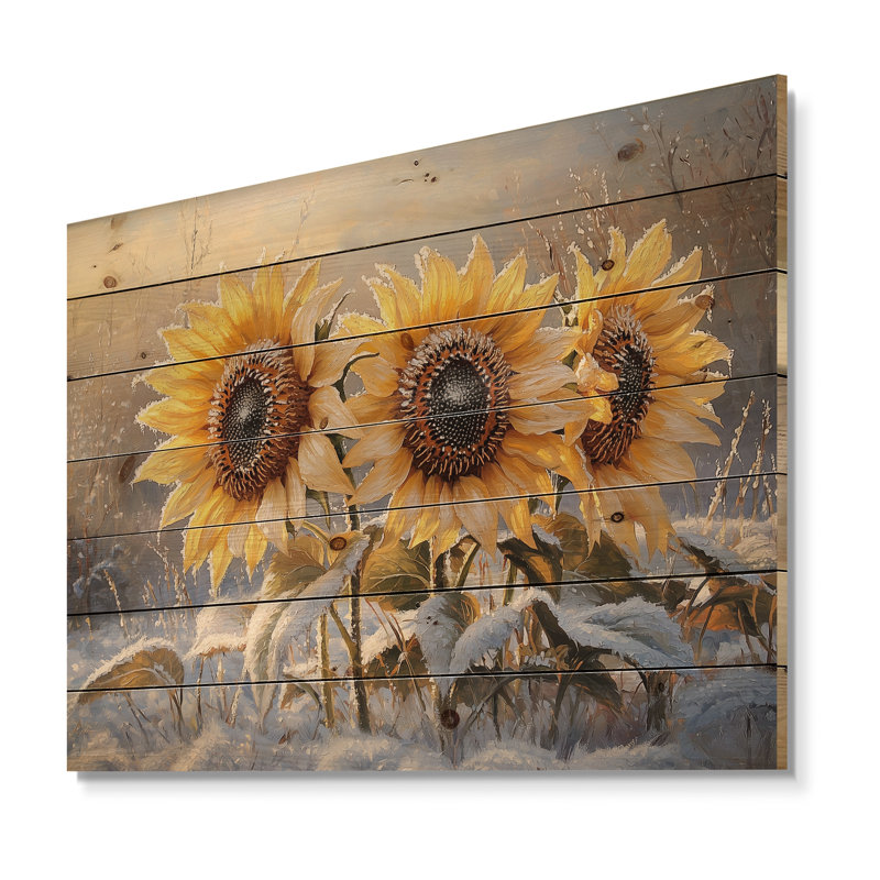 Sunflowers In The Frosty Meadow - Sunflowers Wood Wall Decor - On Natural Pine Wood, 10" H x 20" W x 0.78" D