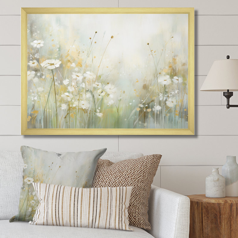 «Green Beige Serene Meadows II - Abstract Botanicals», art mural, Cadre doré simple, H 24 po x l 32 po x P 1 po