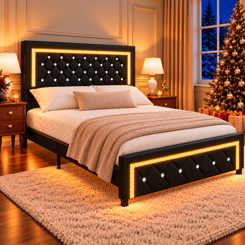 Alber Upholstered Platform Bed Frame with LED Lights,with Diamond Tufted , Full, Black